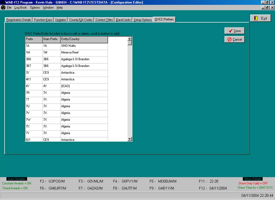 Screen Shot of DXCC Prefixes tab within Configuration Editor